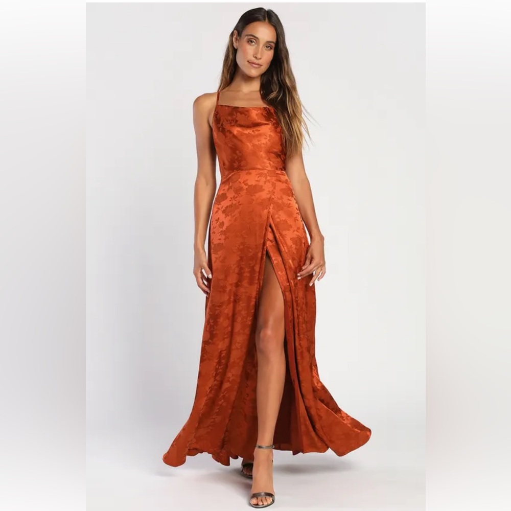Lulu’s Floral Rust Orange Satin Jacquard Maxi Wedding Guest Dress